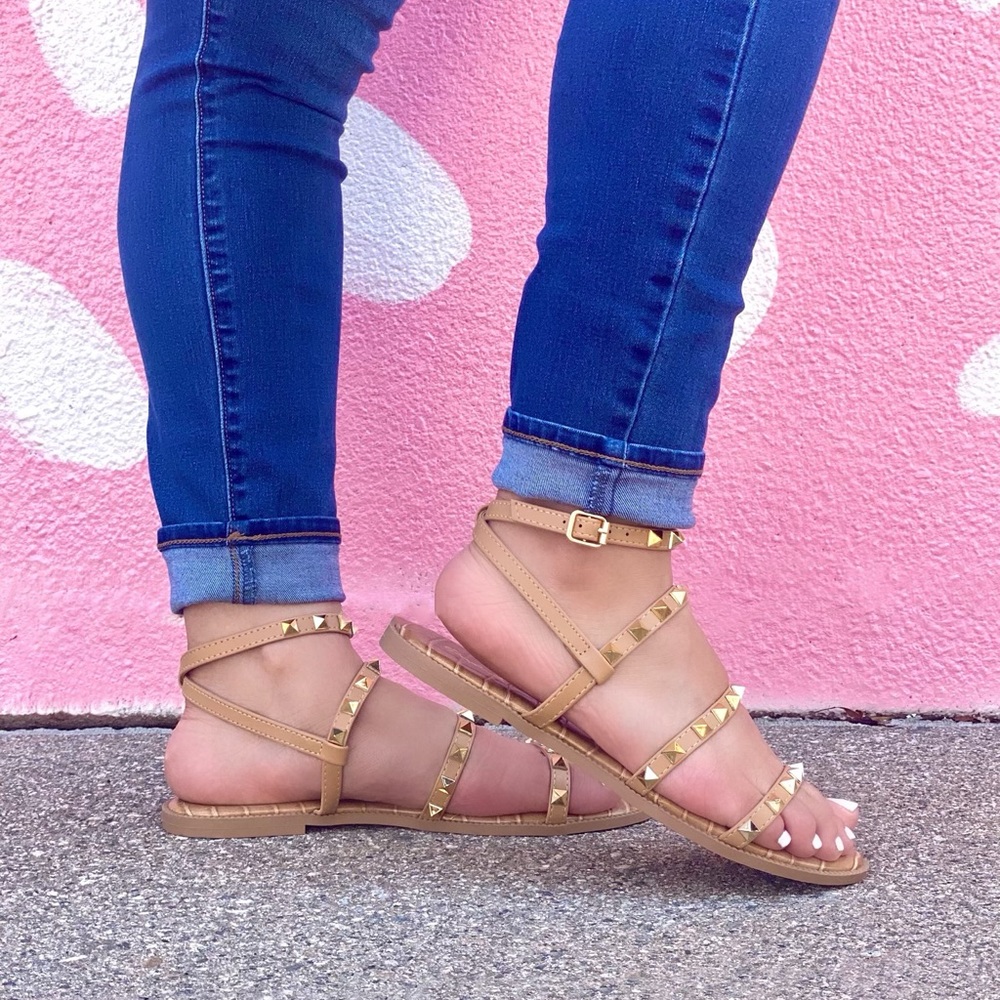 ⚡FINAL SALE! Tan Brown Studded Ankle Strap Gladiator Sandals